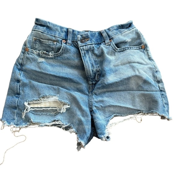 American Eagle Asymmetrical Waist Diagonal Fit Distressed Jean Shorts Women’s 2 - Picture 1 of 9